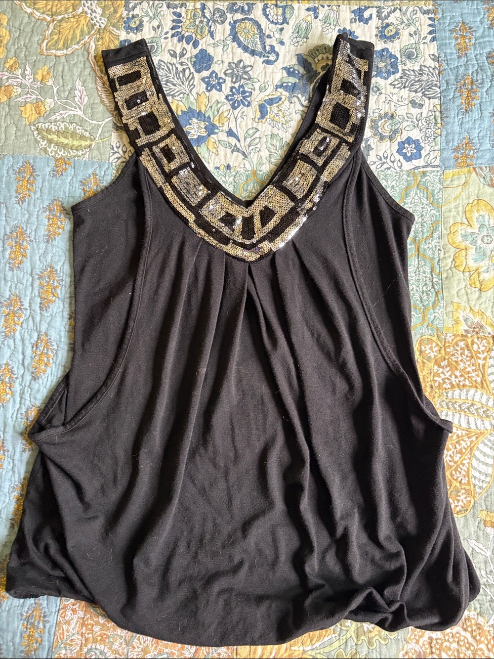 Studio Y Black Tank Top with Gold Sequin V-Neck